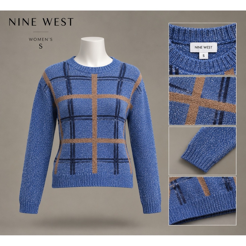 Nine M16 West Women's Blue Marl Plaid Grid Crewneck Sweater Small Long Sleeve
